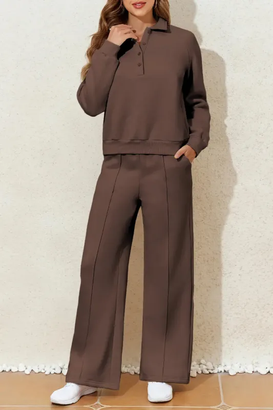 Solid Collared Sweatshirt and High Waist Pants Active Set – Dark Brown made by Beagle Boutique