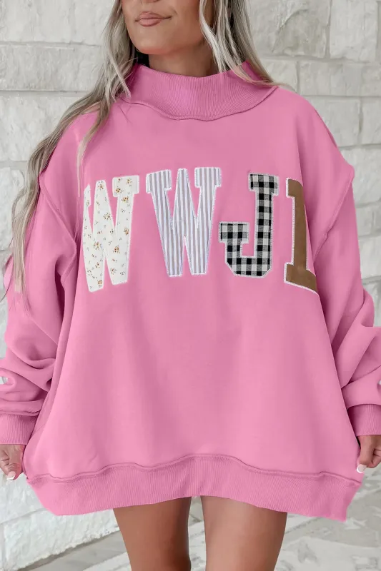 WWJD Mixed Pattern Embroidered Patch Graphic Mock Neck Sweatshirt – Pink made by Beagle Boutique