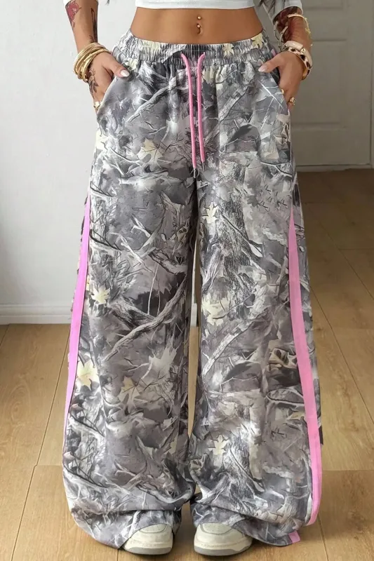 Camo Woodland Print Colour Block Detail Drawstring Wide Leg Sweatpants – Grey made by Beagle Boutique