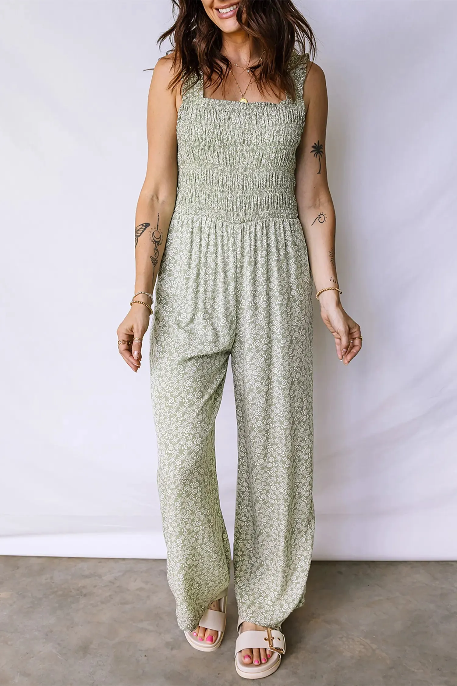 Smocked Bodice Square Neck Sleeveless Floral Jumpsuit sold by Beagle Boutique product image thumbnail 5