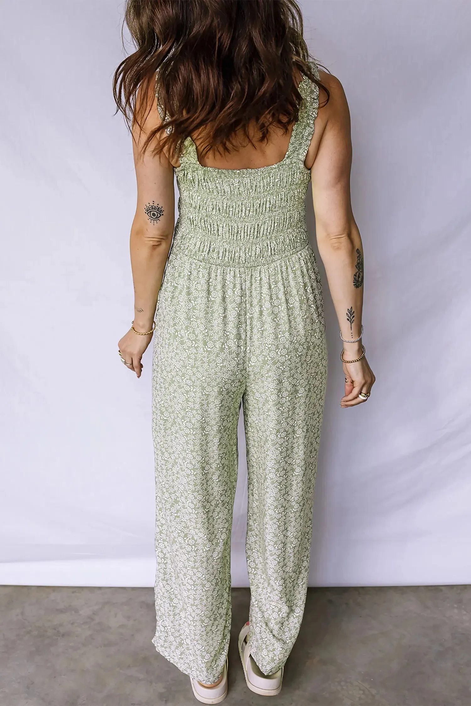Smocked Bodice Square Neck Sleeveless Floral Jumpsuit sold by Beagle Boutique product image thumbnail 2