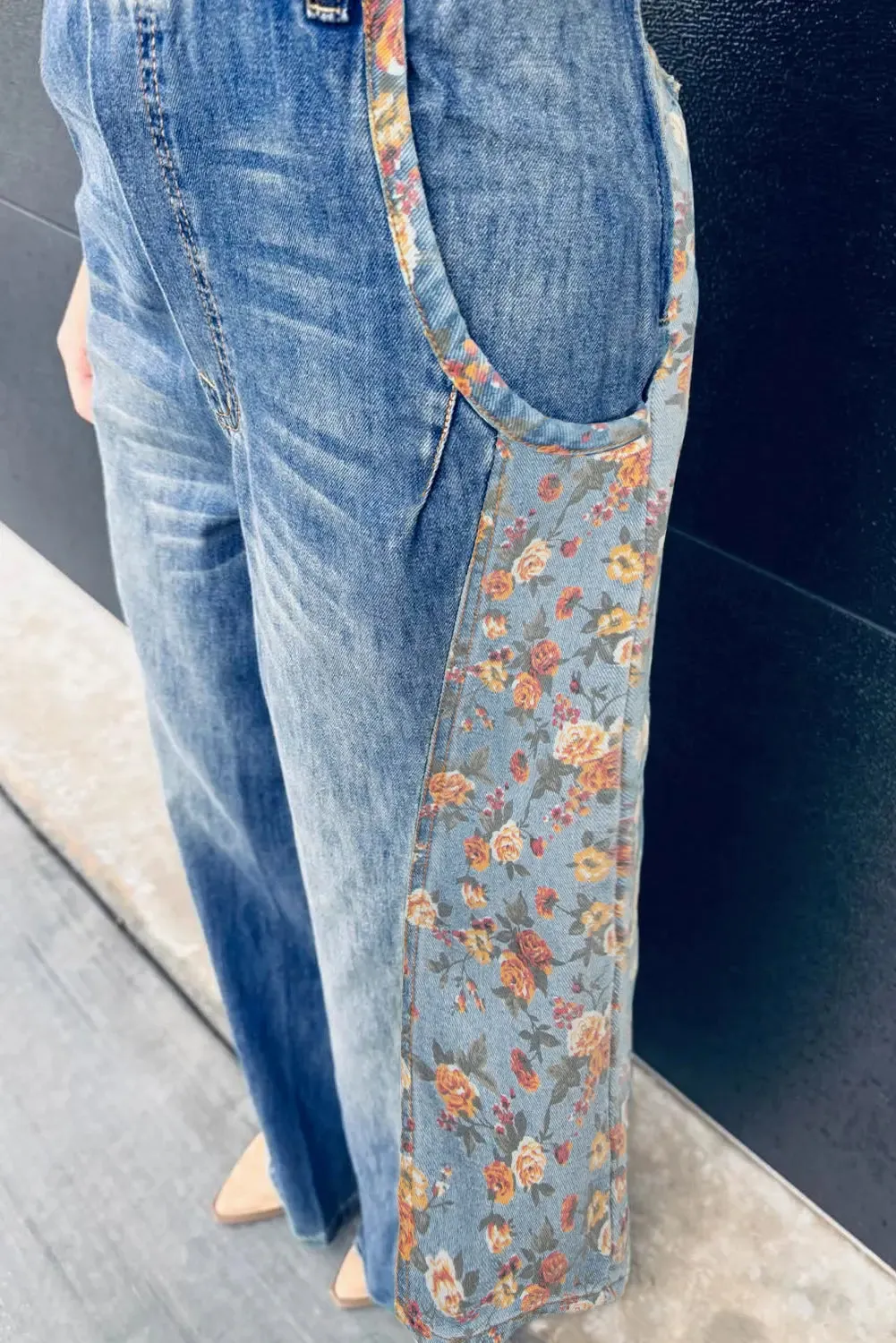 Floral Patchwork Bib Wide Leg Denim Dungarees sold by Beagle Boutique product image thumbnail 3