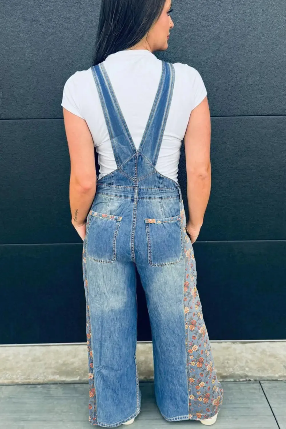 Floral Patchwork Bib Wide Leg Denim Dungarees sold by Beagle Boutique product image thumbnail 2