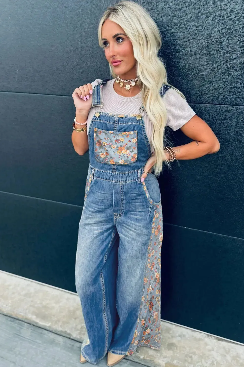 Floral Patchwork Bib Wide Leg Denim Dungarees sold by Beagle Boutique product image thumbnail 4