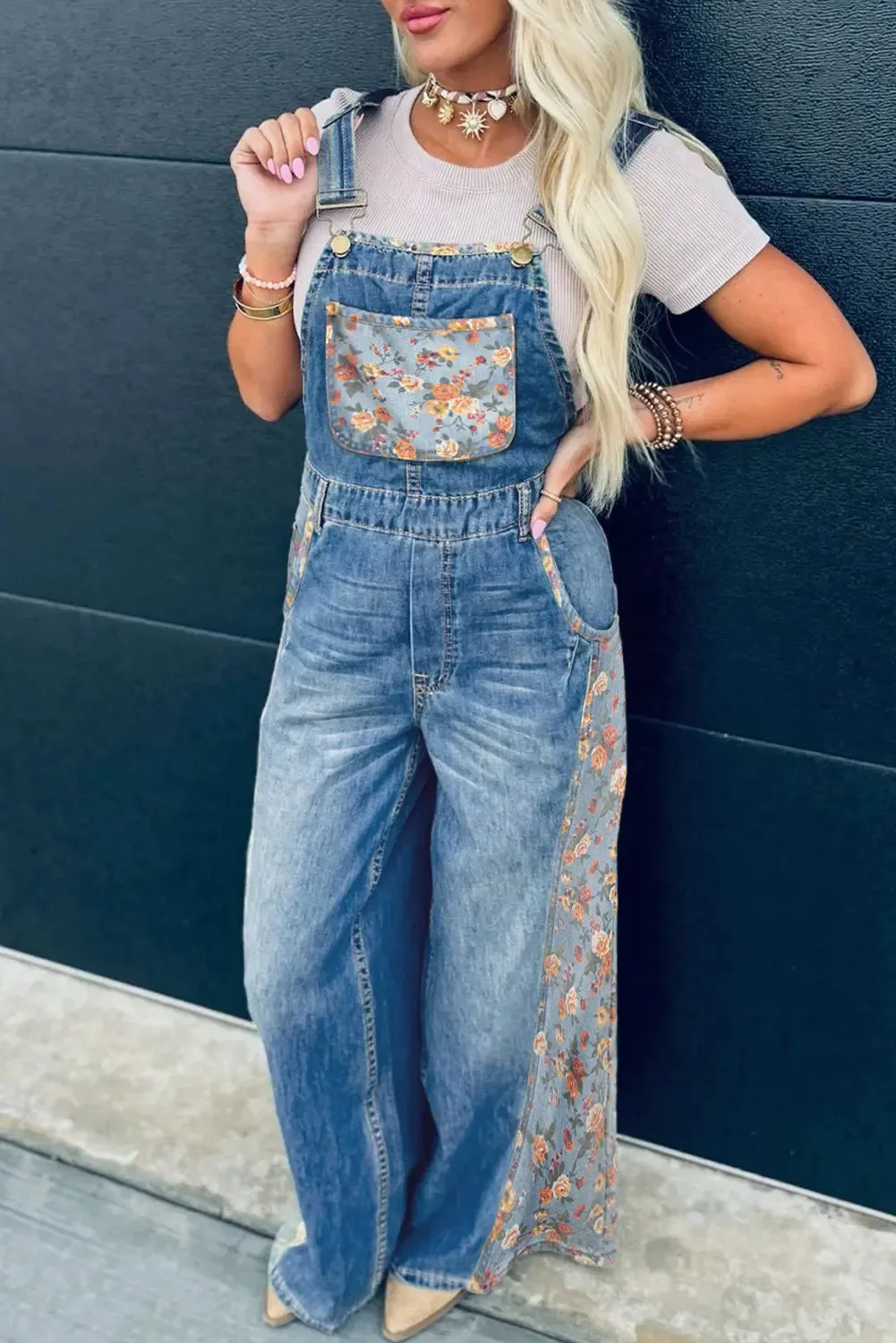 Floral Patchwork Bib Wide Leg Denim Dungarees sold by Beagle Boutique
