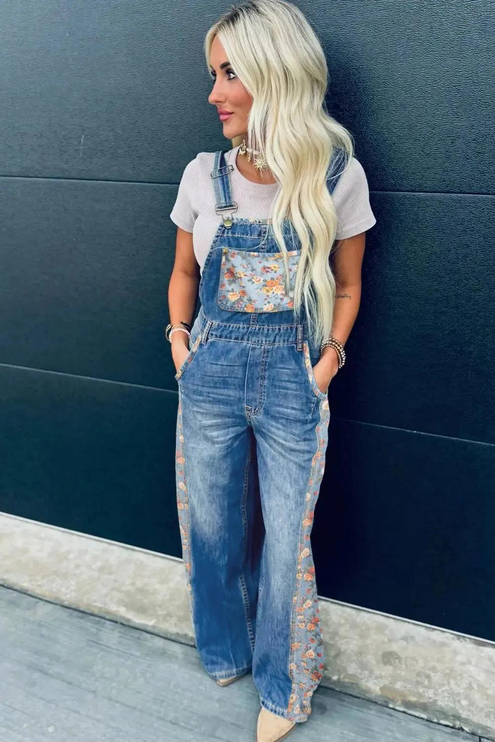 Floral Patchwork Bib Wide Leg Denim Dungarees sold by Beagle Boutique product image thumbnail 5