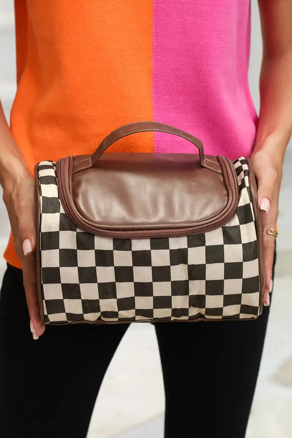 Checkered PU Leather Zipper Makeup Bag sold by Beagle Boutique product image thumbnail 4