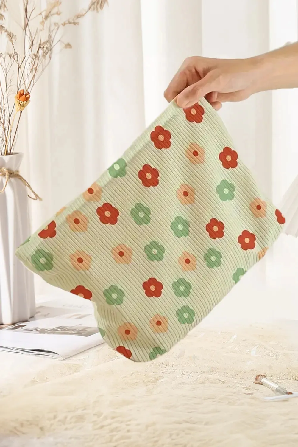 Flower Print Ribbed Zipper Makeup Storage Bag sold by Beagle Boutique