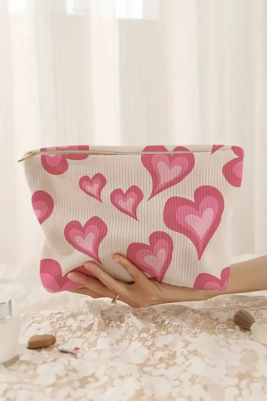 Hearts Print Zipper Ribbed Large Cosmetic Bag made by Beagle Boutique