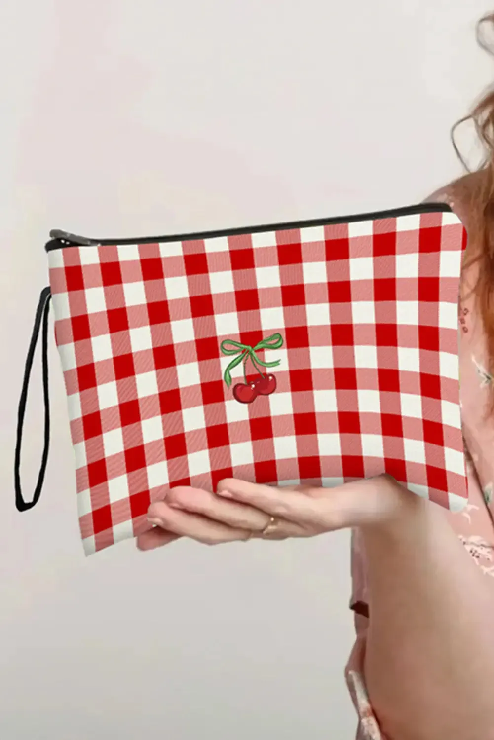 Cherry Plaid Print Wristlet Zipper Canvas Makeup Bag sold by Beagle Boutique product image thumbnail 2