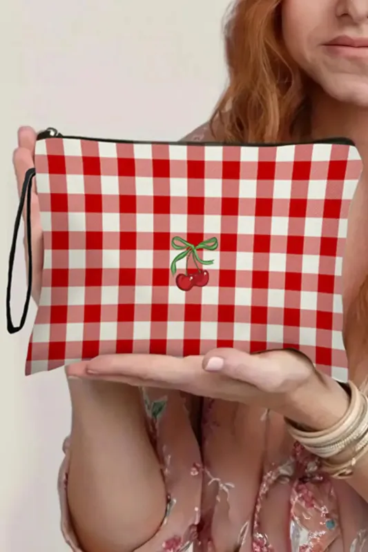 Cherry Plaid Print Wristlet Zipper Canvas Makeup Bag made by Beagle Boutique