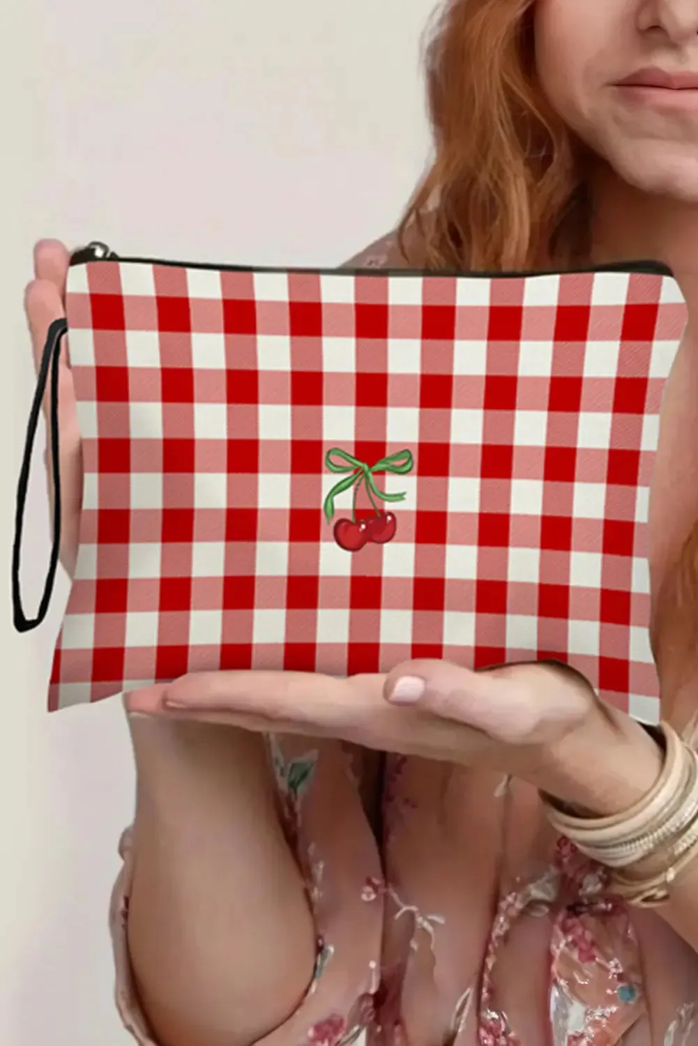 Cherry Plaid Print Wristlet Zipper Canvas Makeup Bag sold by Beagle Boutique