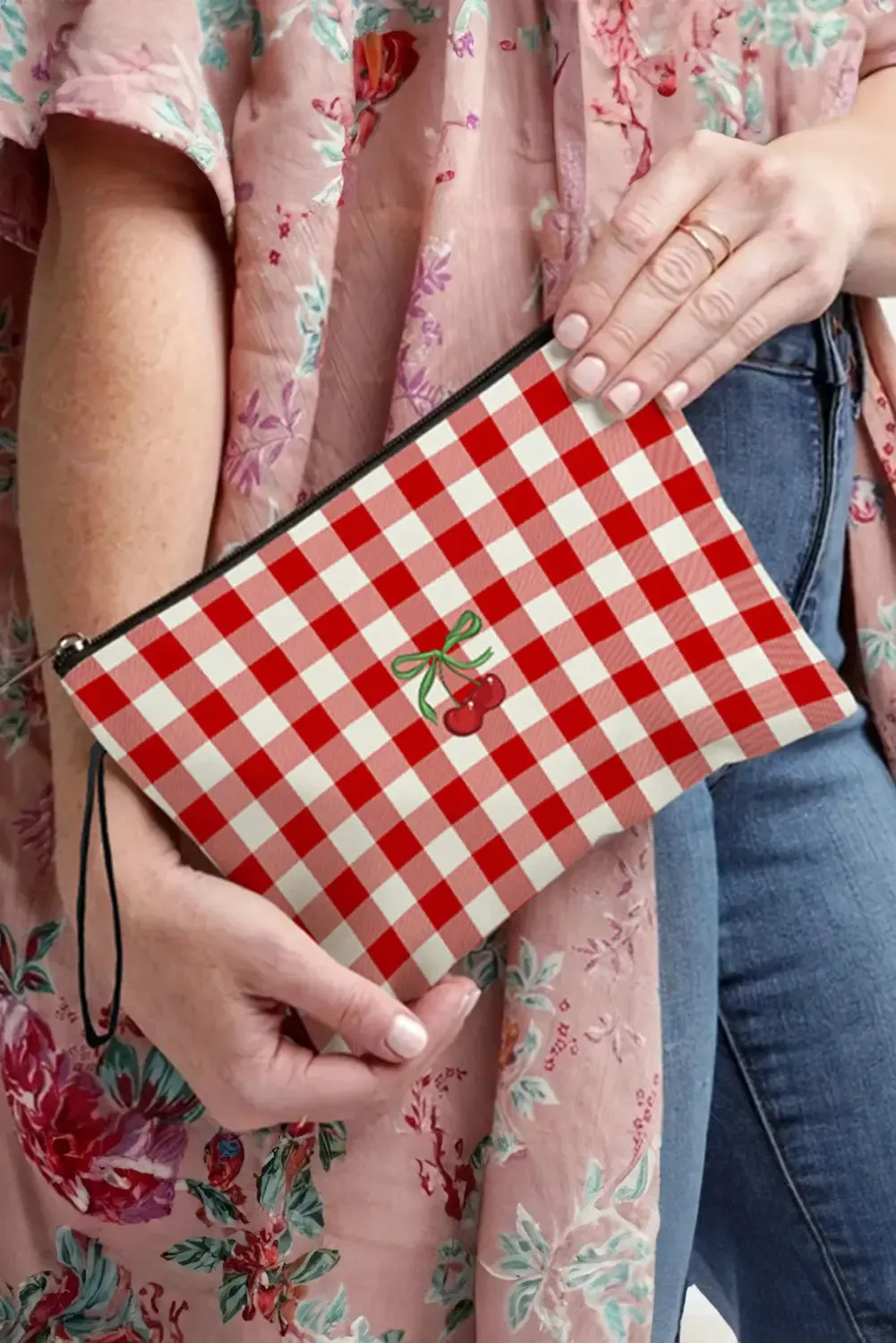 Cherry Plaid Print Wristlet Zipper Canvas Makeup Bag sold by Beagle Boutique product image thumbnail 3