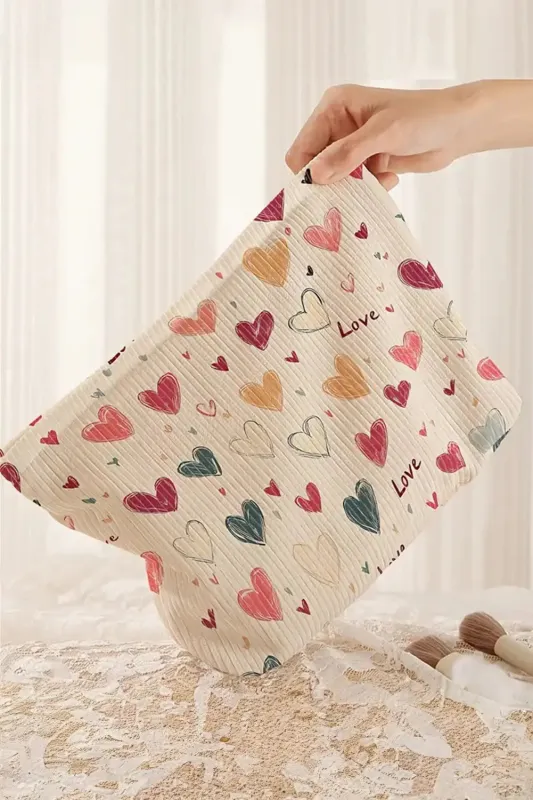 Love Heart Print Ribbed Canvas Makeup Bag made by Beagle Boutique