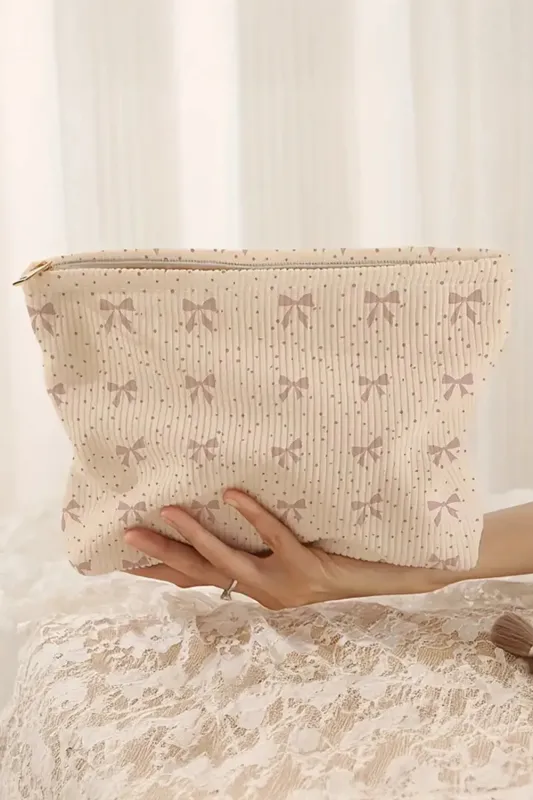 Bow Knot Dot Print Zipper Ribbed Cosmetic Bag made by Beagle Boutique