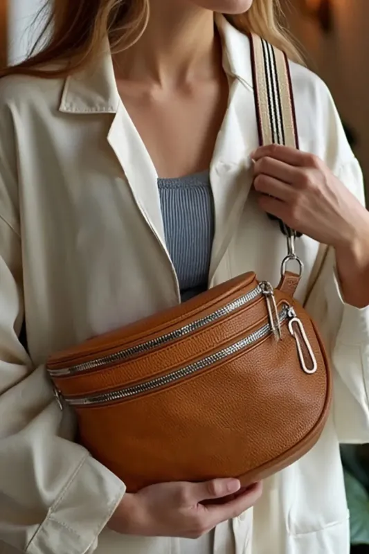 Chestnut PU Leather Double Zipper Crossbody Bag made by Beagle Boutique