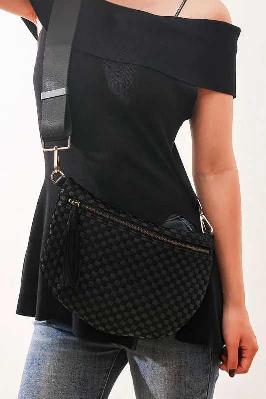 Checkered Woven PU Leather Crossbody Bag Adjustable Strap Large Size – Colour made by Beagle Boutique