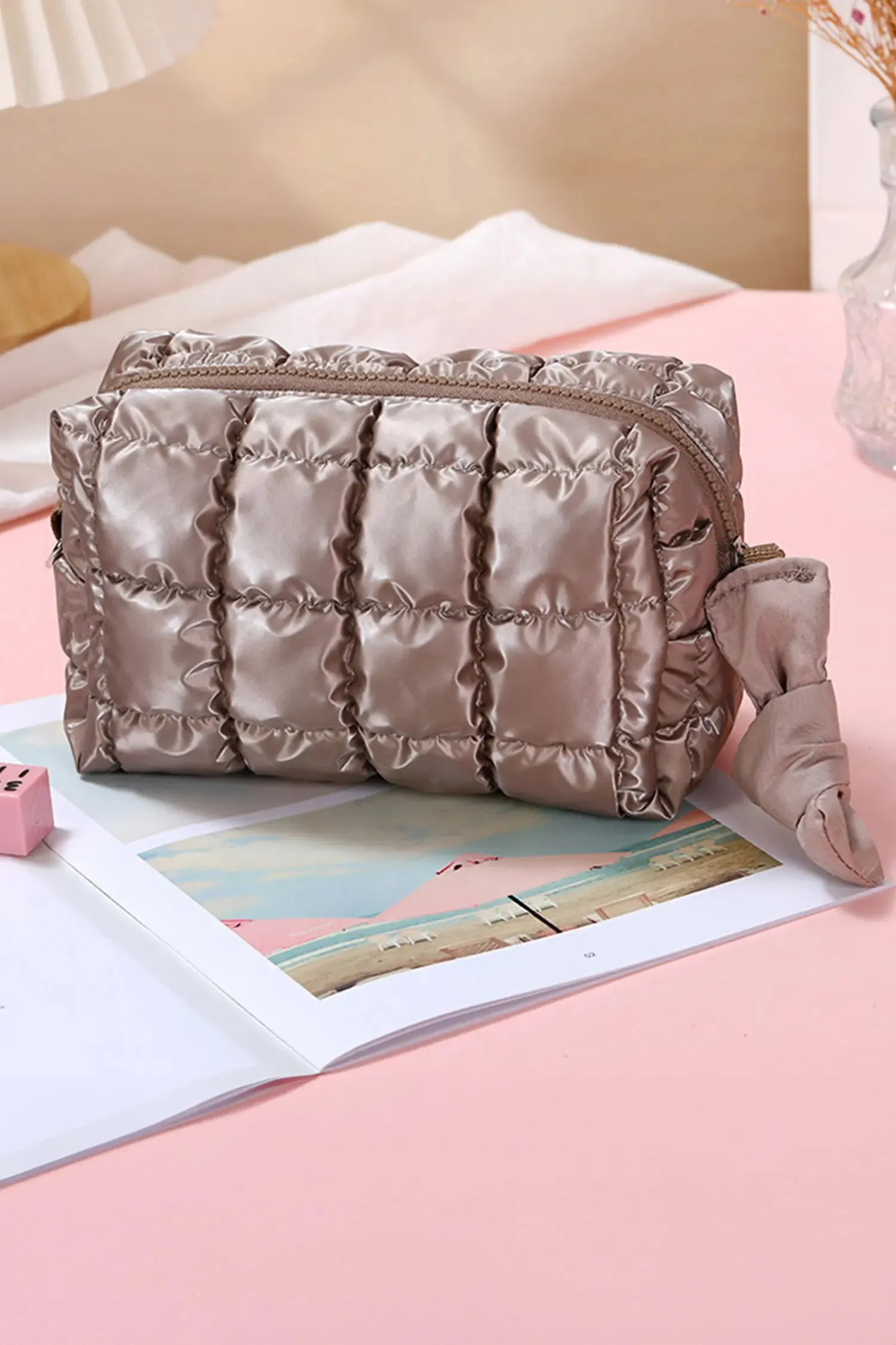 Coffee Solid Colour Quilted Nylon Makeup Bag sold by Beagle Boutique product image thumbnail 3