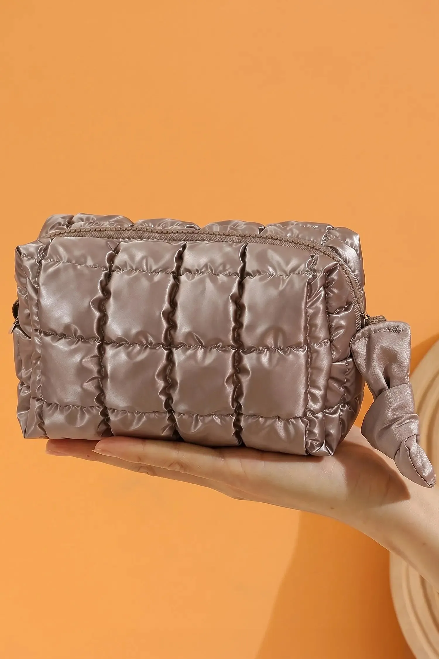 Coffee Solid Colour Quilted Nylon Makeup Bag sold by Beagle Boutique