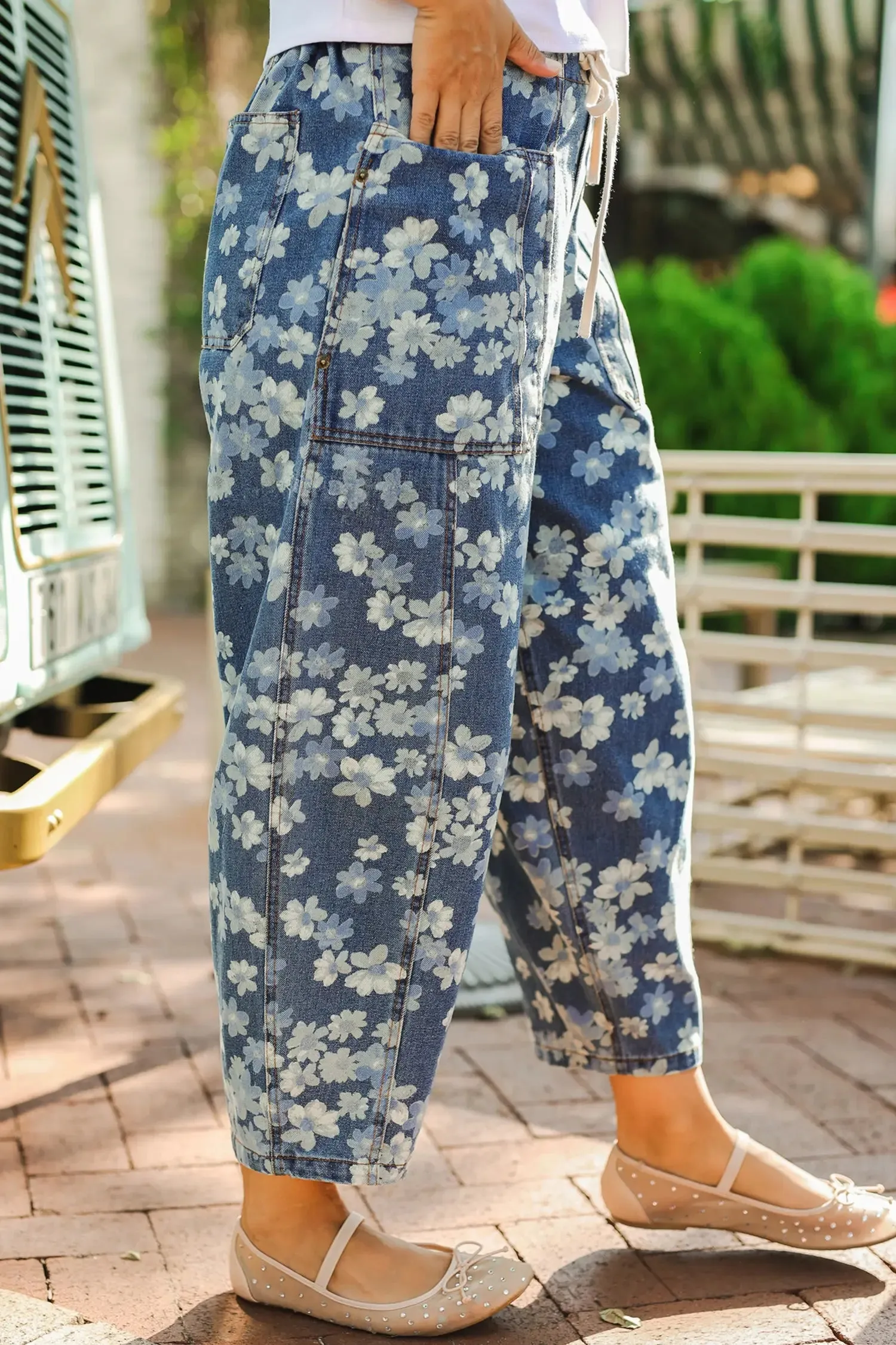 Barrel leg jeans with drawstring and dainty floral print sold by Beagle Boutique product image thumbnail 2