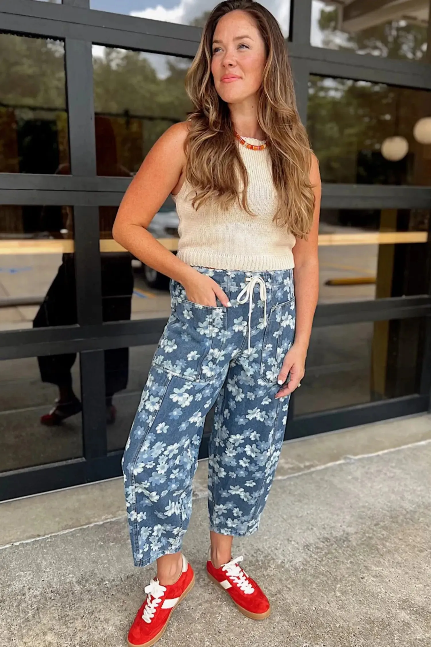 Barrel leg jeans with drawstring and dainty floral print sold by Beagle Boutique product image thumbnail 4