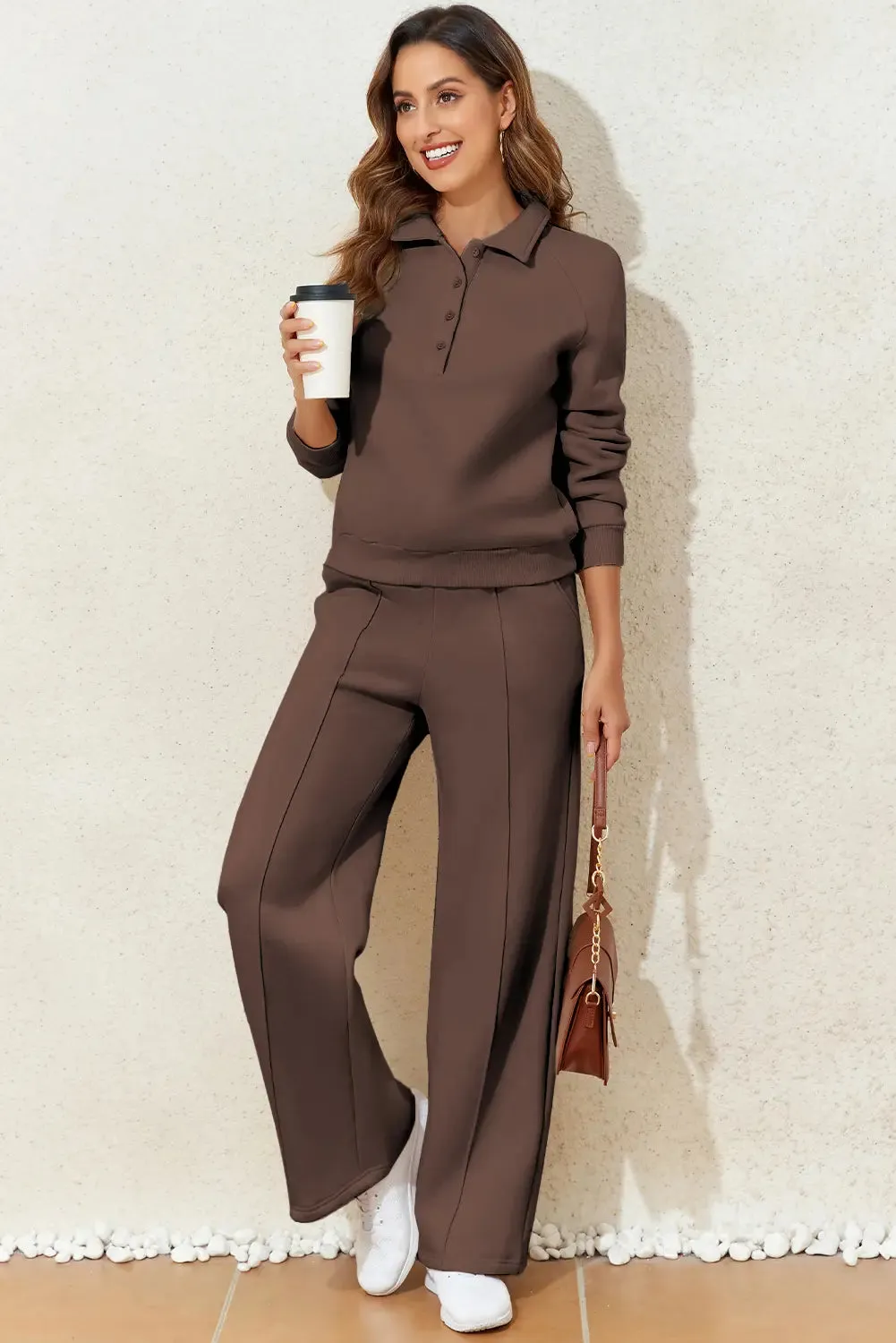 Solid Collared Sweatshirt and High Waist Pants Active Set sold by Beagle Boutique product image thumbnail 5