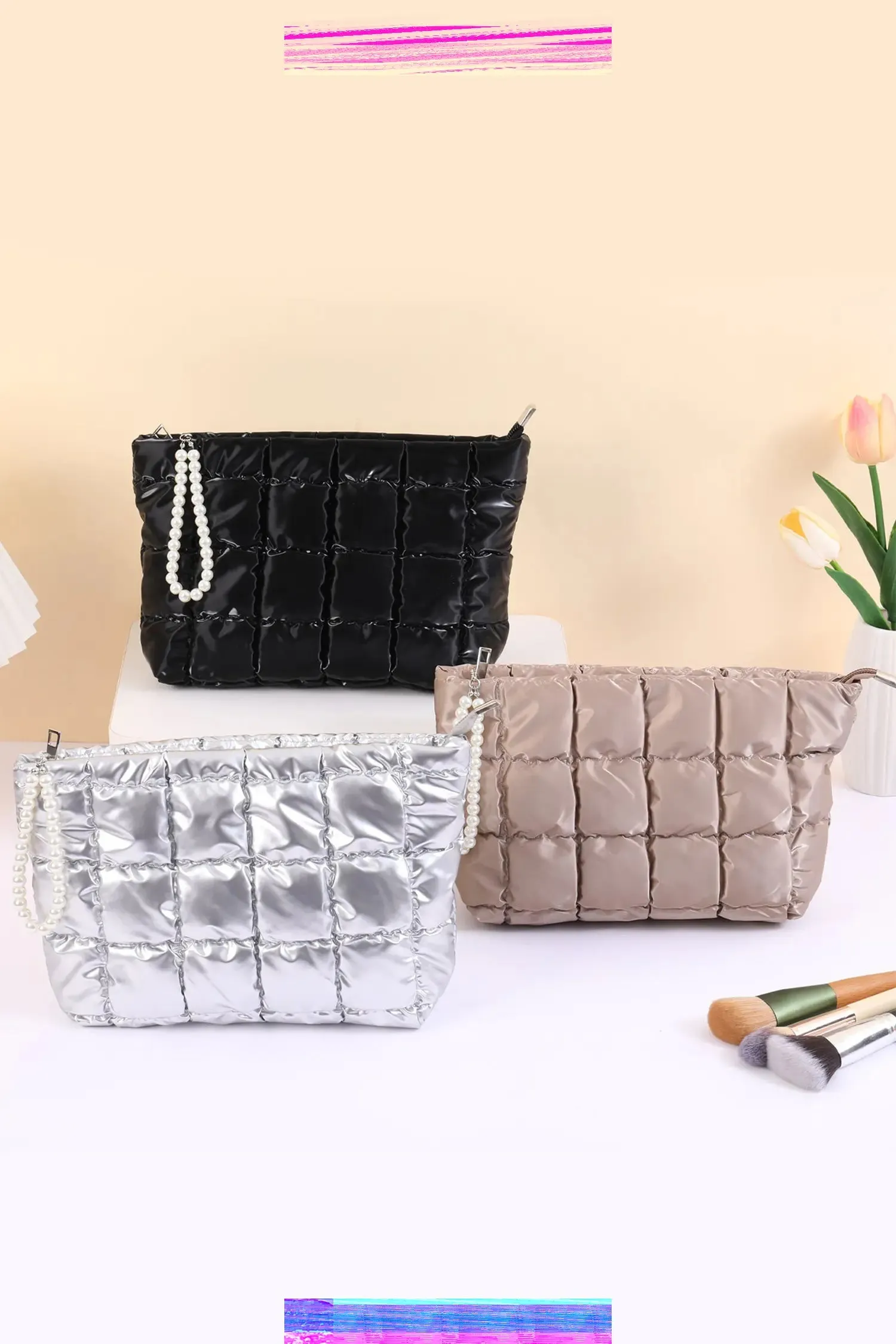 Quilted PU Leather Pearl Chain Zip Makeup Bag sold by Beagle Boutique product image thumbnail 2