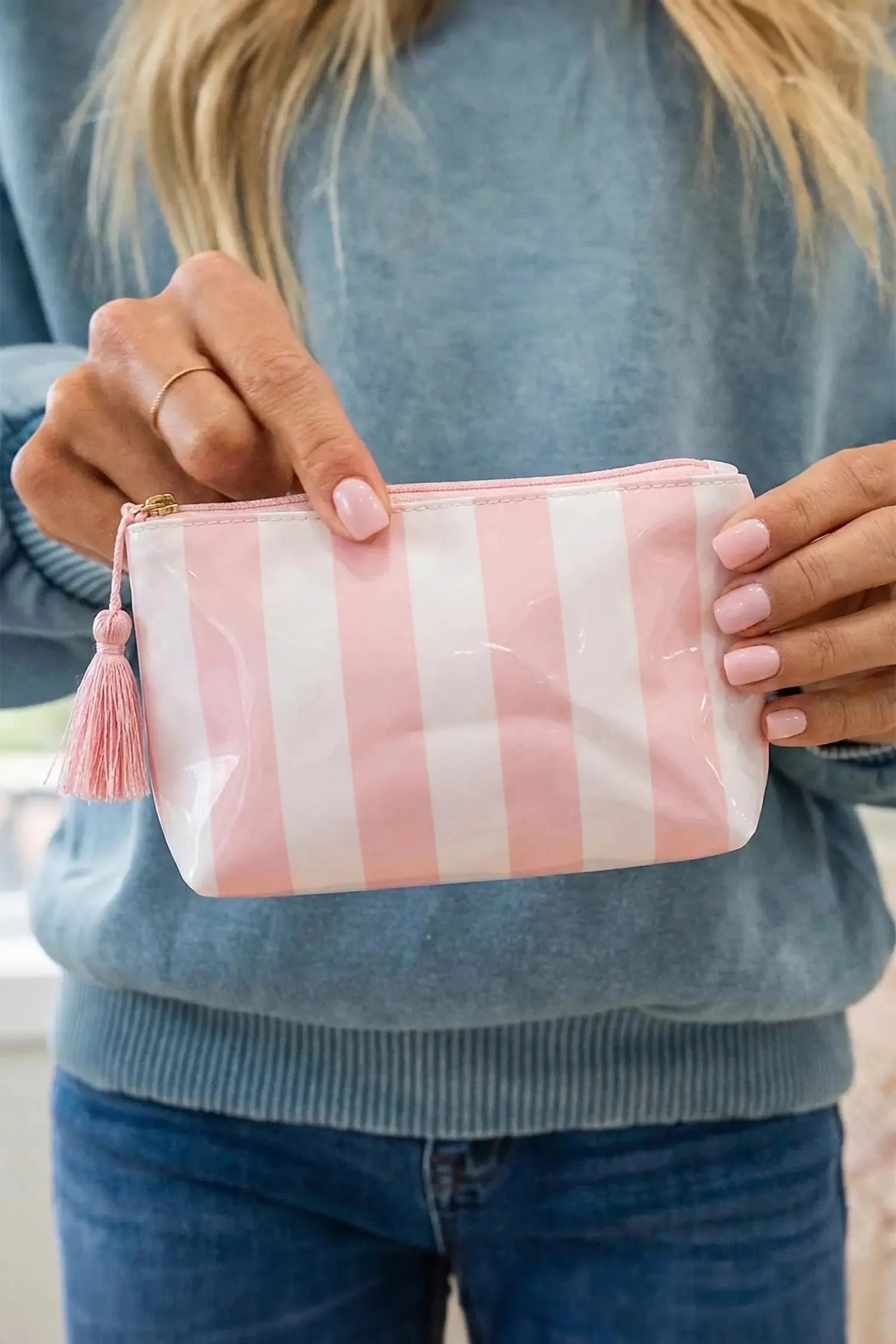 Striped Vinyl Waterproof Tassel Zip Makeup Bag sold by Beagle Boutique product image thumbnail 4