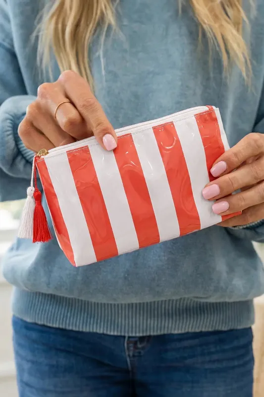 Striped Vinyl Waterproof Tassel Zip Makeup Bag made by Beagle Boutique