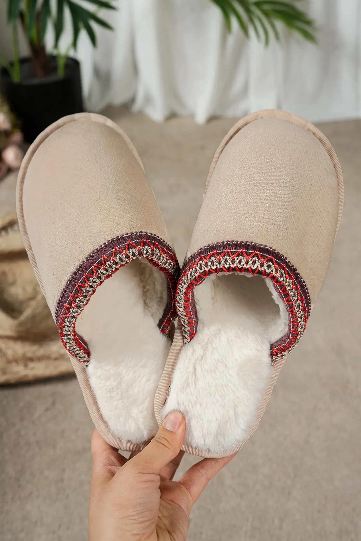 Faux Suede Plush Liner Contrast Embroidered Detail Winter Slippers sold by Beagle Boutique product image thumbnail 5