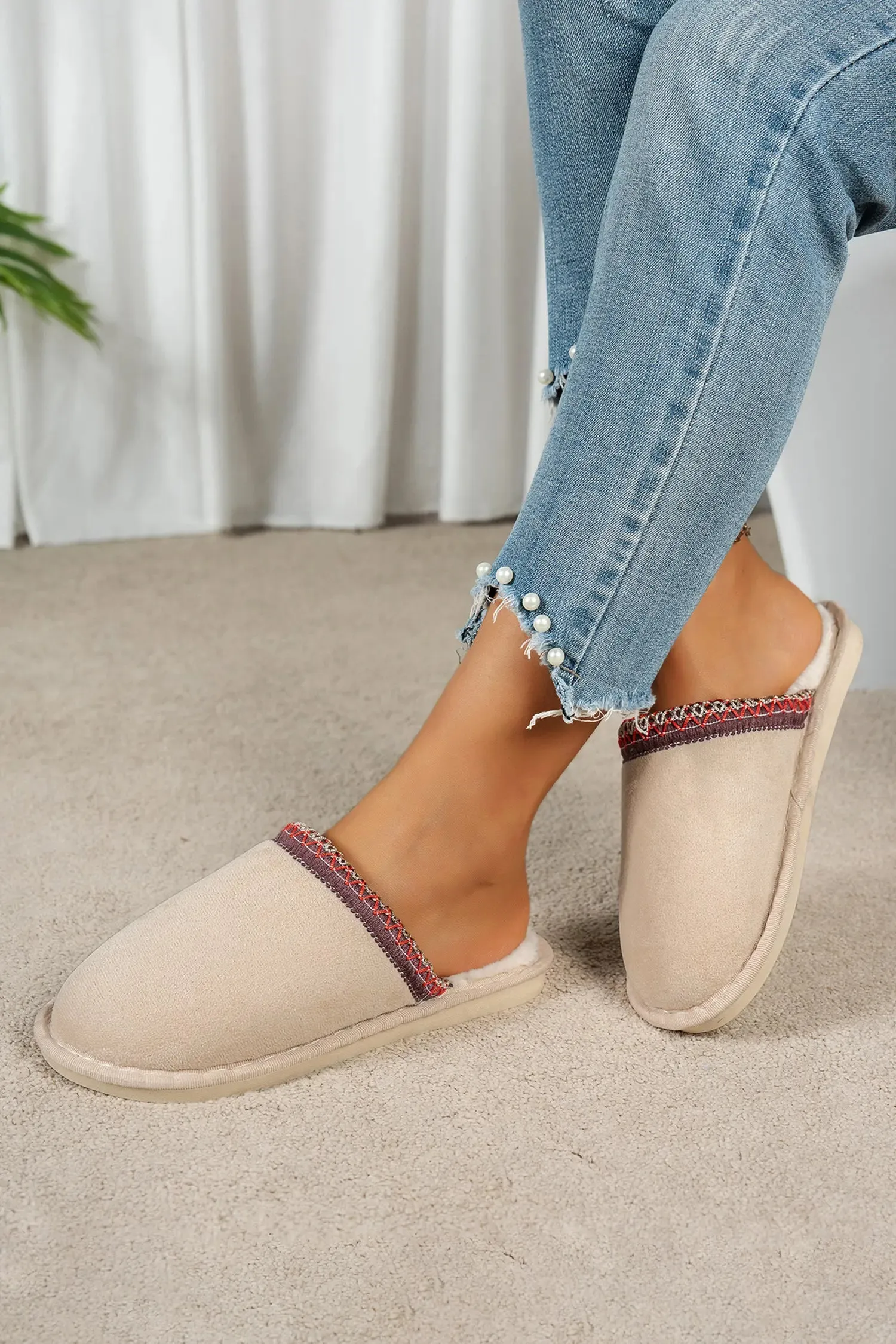 Faux Suede Plush Liner Contrast Embroidered Detail Winter Slippers sold by Beagle Boutique product image thumbnail 3