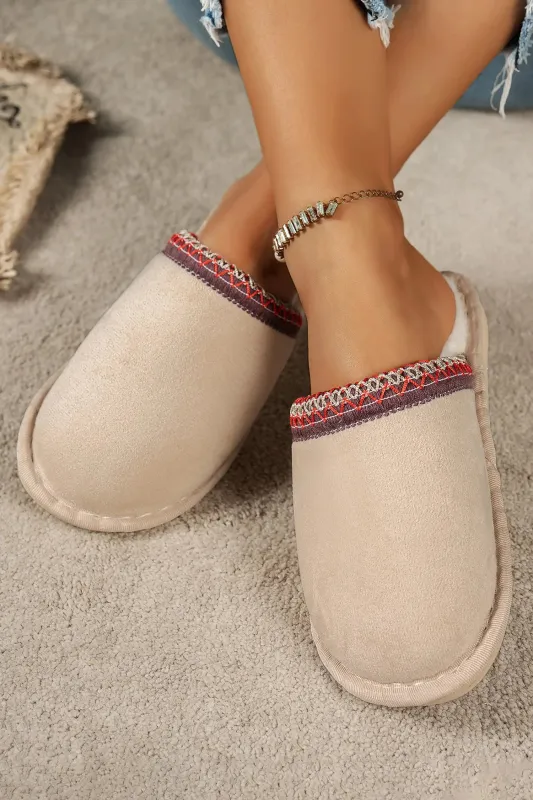 Faux Suede Plush Liner Contrast Embroidered Detail Winter Slippers made by eAura