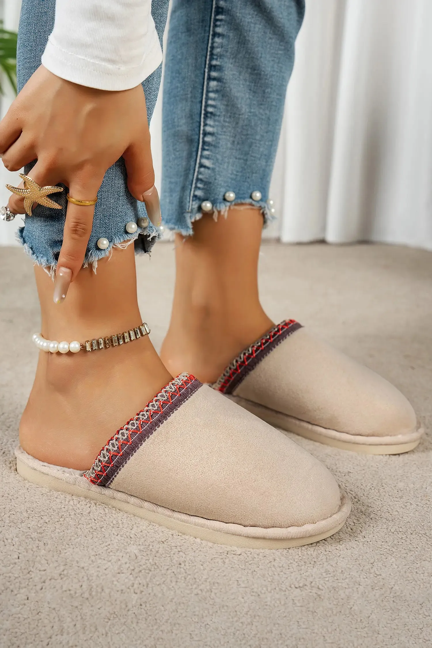 Faux Suede Plush Liner Contrast Embroidered Detail Winter Slippers sold by Beagle Boutique product image thumbnail 2