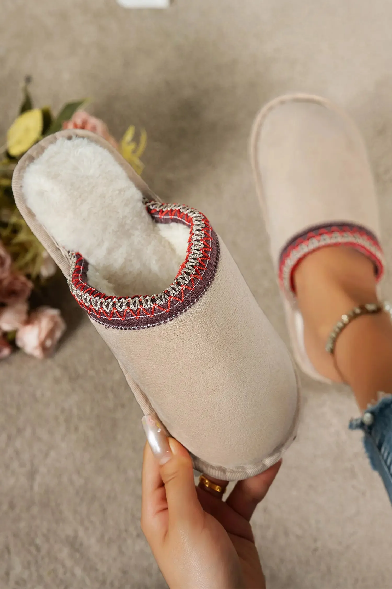 Faux Suede Plush Liner Contrast Embroidered Detail Winter Slippers sold by Beagle Boutique product image thumbnail 4