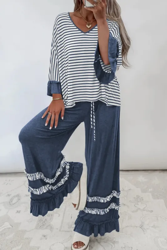 V Neck Ruffle Contrast Sleeve Top Drawstring Pants 2pcs Set made by Beagle Boutique