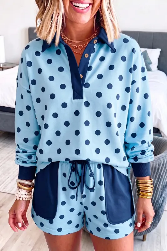 Sky Blue Polka Dot Drop Shoulder Polo Loose Pullover Patch Pocket Casual Shorts Set made by eAura