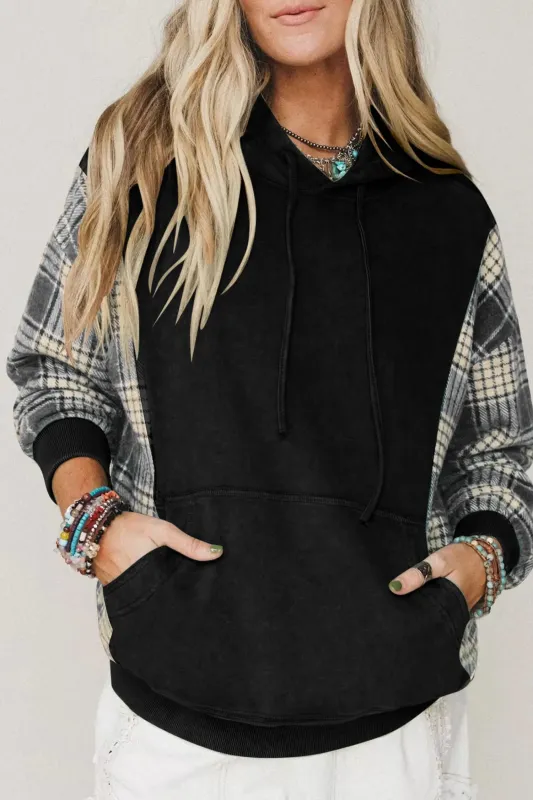 Plaid Sleeve Drawstring Pocket Hooded Sweatshirt made by eAura