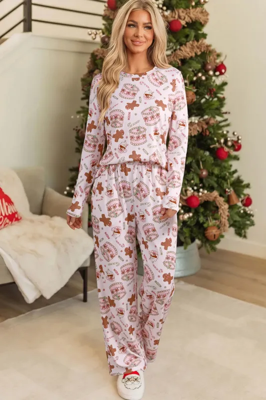 Abstract Christmas Print Long Sleeve Two Piece Lounge Set made by eAura