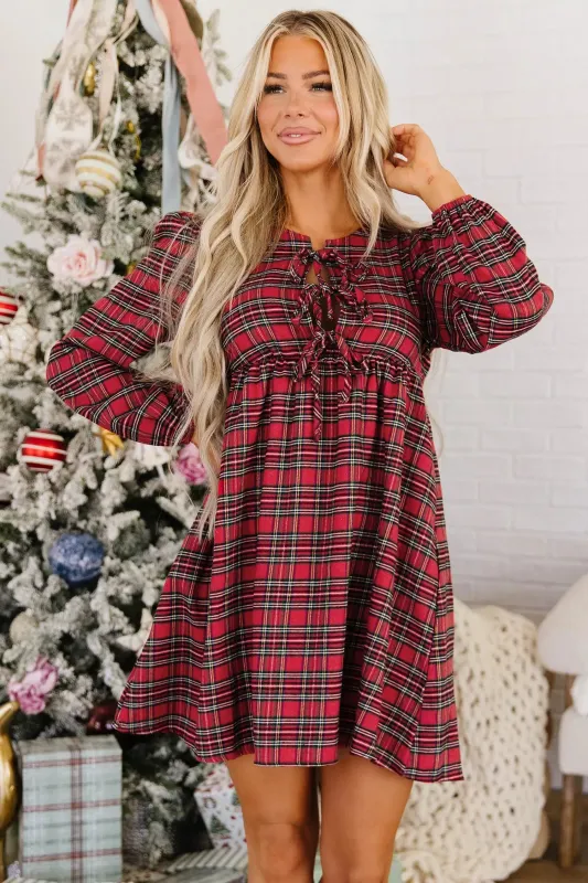 Plaid Tie Front Long Sleeve Short Shift Dress made by eAura