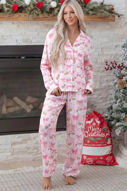 Abstract Santa Print Long Sleeve Full-Length 2Pcs Lounge Set made by Beagle Boutique