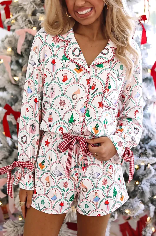 Christmas Scallop Pattern Contrast Plaid Detail Ribbon Knot 2pcs Pajama Set made by eAura