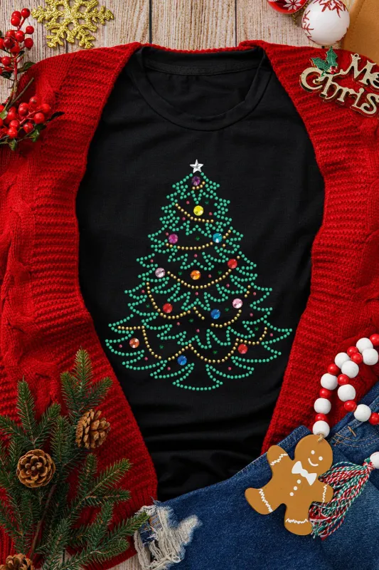Rhinestone Christmas Tree Round Neck Graphic Tee made by eAura