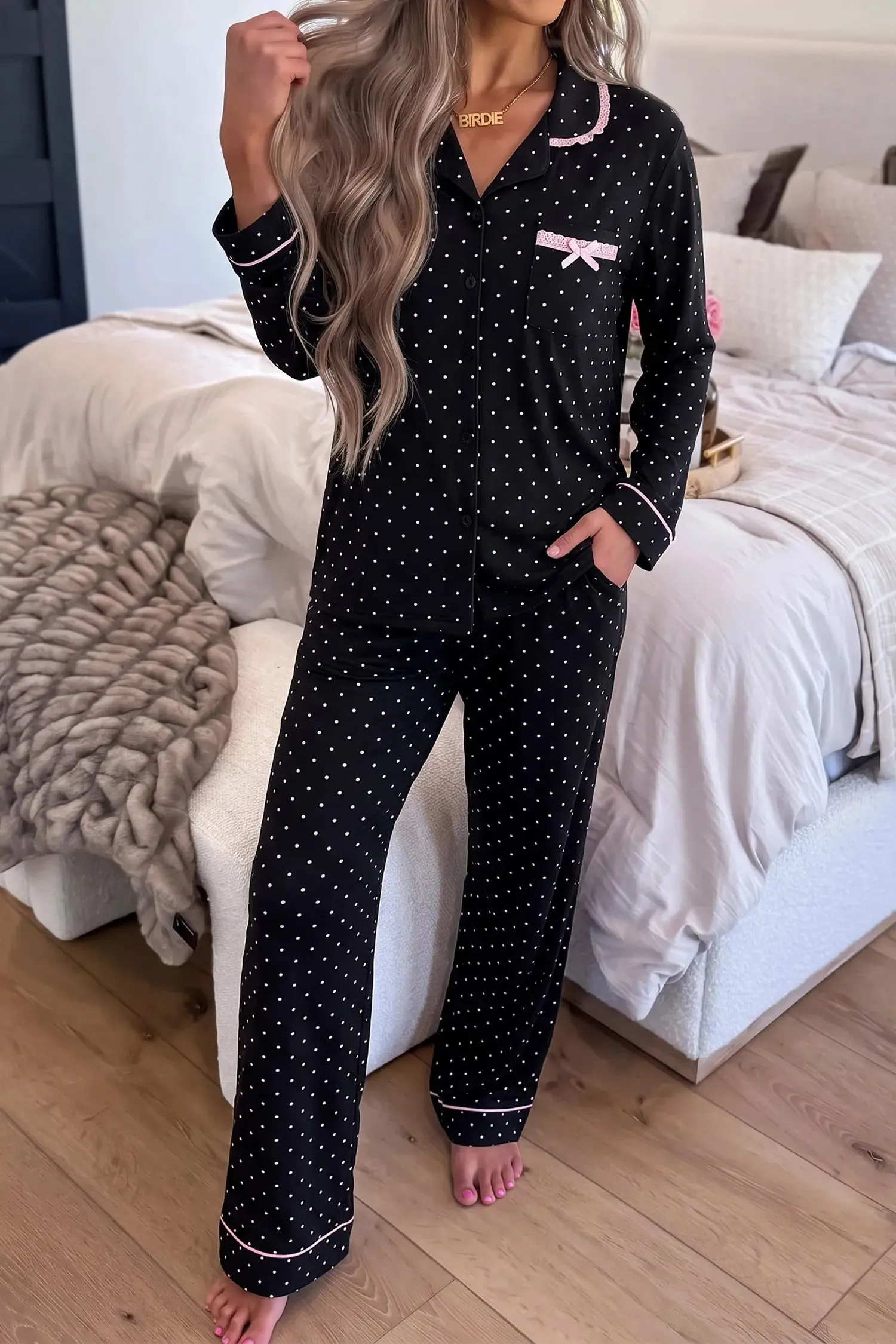 Polka Dot Long Sleeve Shirt Lace Detail Two Piece Pajama Pant Set sold by Beagle Boutique product image thumbnail 3