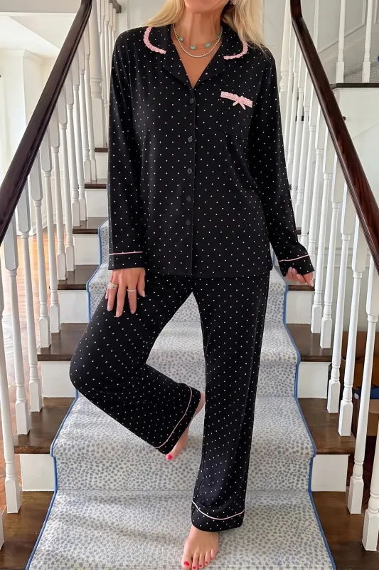 Polka Dot Long Sleeve Shirt Lace Detail Two Piece Pajama Pant Set made by eAura