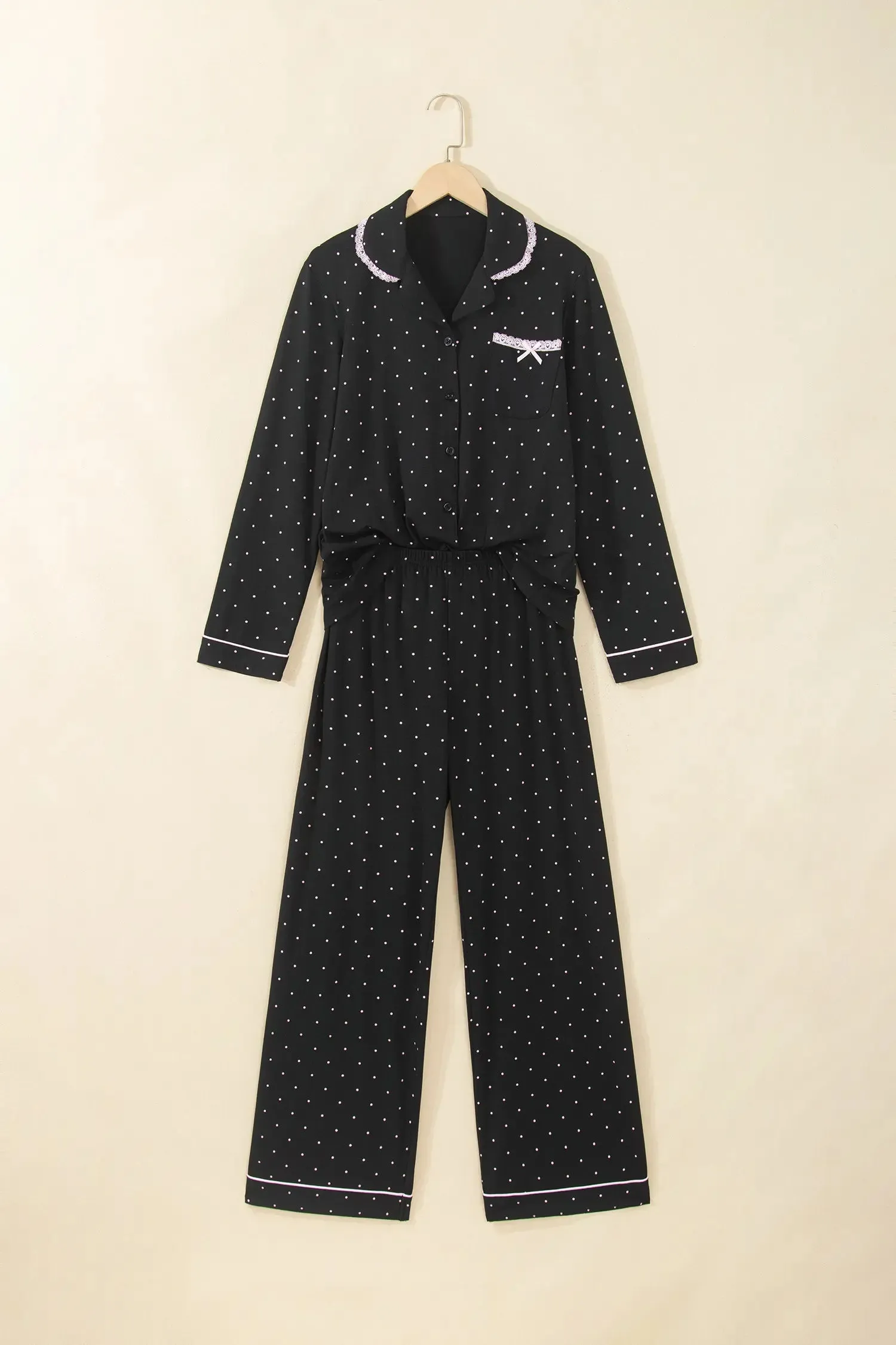 Polka Dot Long Sleeve Shirt Lace Detail Two Piece Pajama Pant Set sold by Beagle Boutique product image thumbnail 4