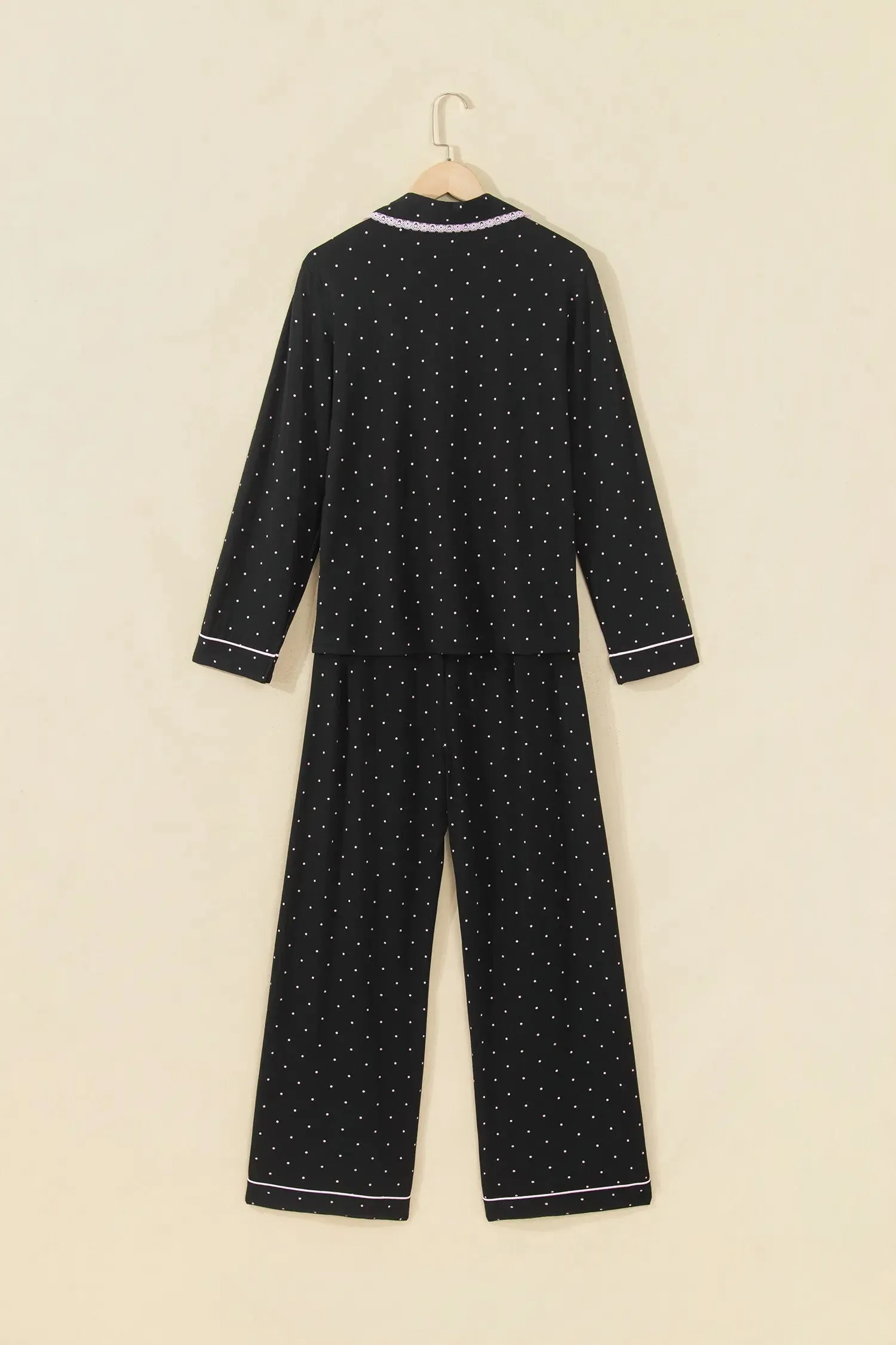 Polka Dot Long Sleeve Shirt Lace Detail Two Piece Pajama Pant Set sold by Beagle Boutique product image thumbnail 5