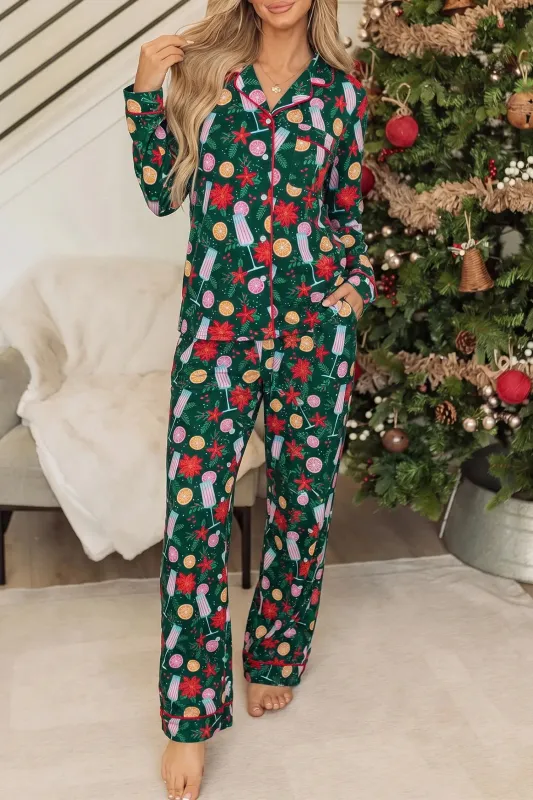 Holiday Print Pocket Detail Long Sleeve Collar Lounge Set made by Beagle Boutique