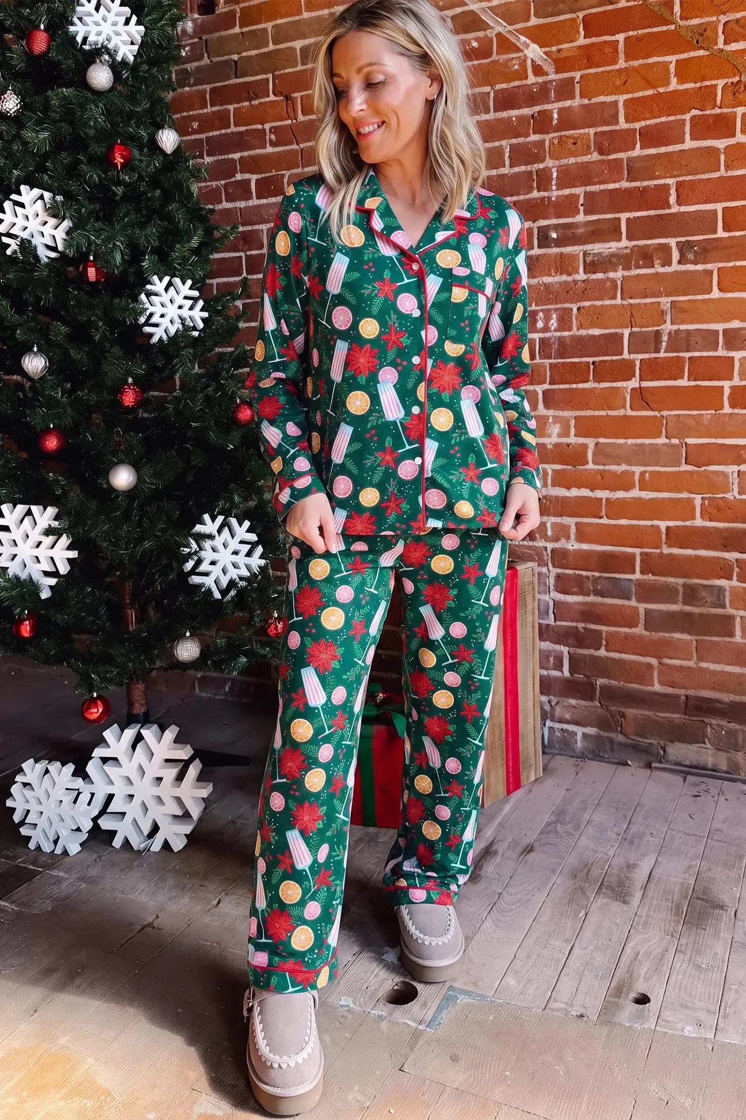 Holiday Print Pocket Detail Long Sleeve Collar Lounge Set sold by Beagle Boutique product image thumbnail 5
