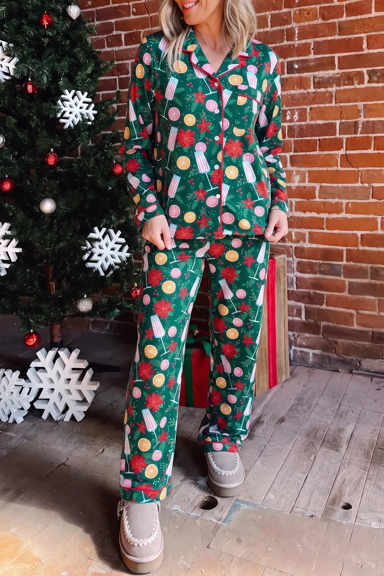Holiday Print Pocket Detail Long Sleeve Collar Lounge Set sold by Beagle Boutique product image thumbnail 4