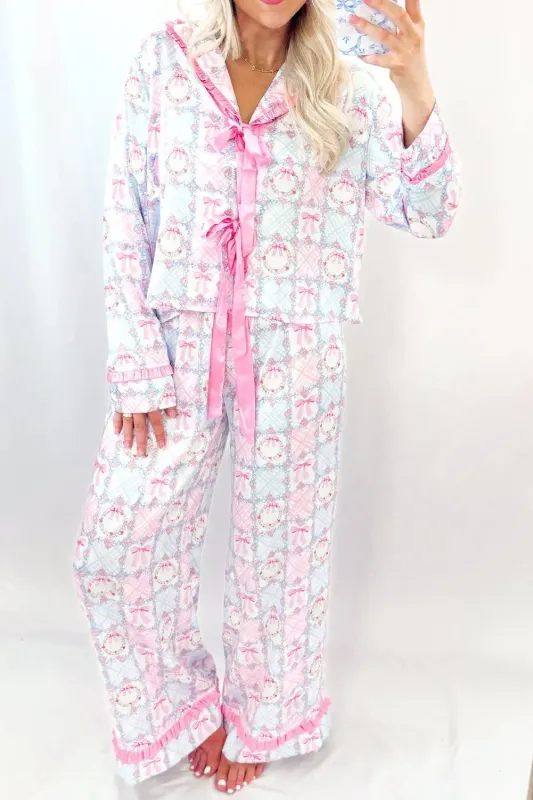 Bow Wreath Pattern Christmas Holiday Tied Front Long Sleeve 2pcs Pyjama Set made by Beagle Boutique